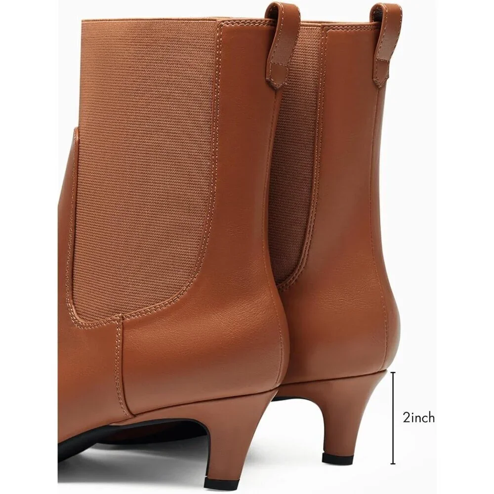 Women's Brown 1 Ankle Low Kitten Heel Pointed Toe Slip On Dressy Winter Boots
